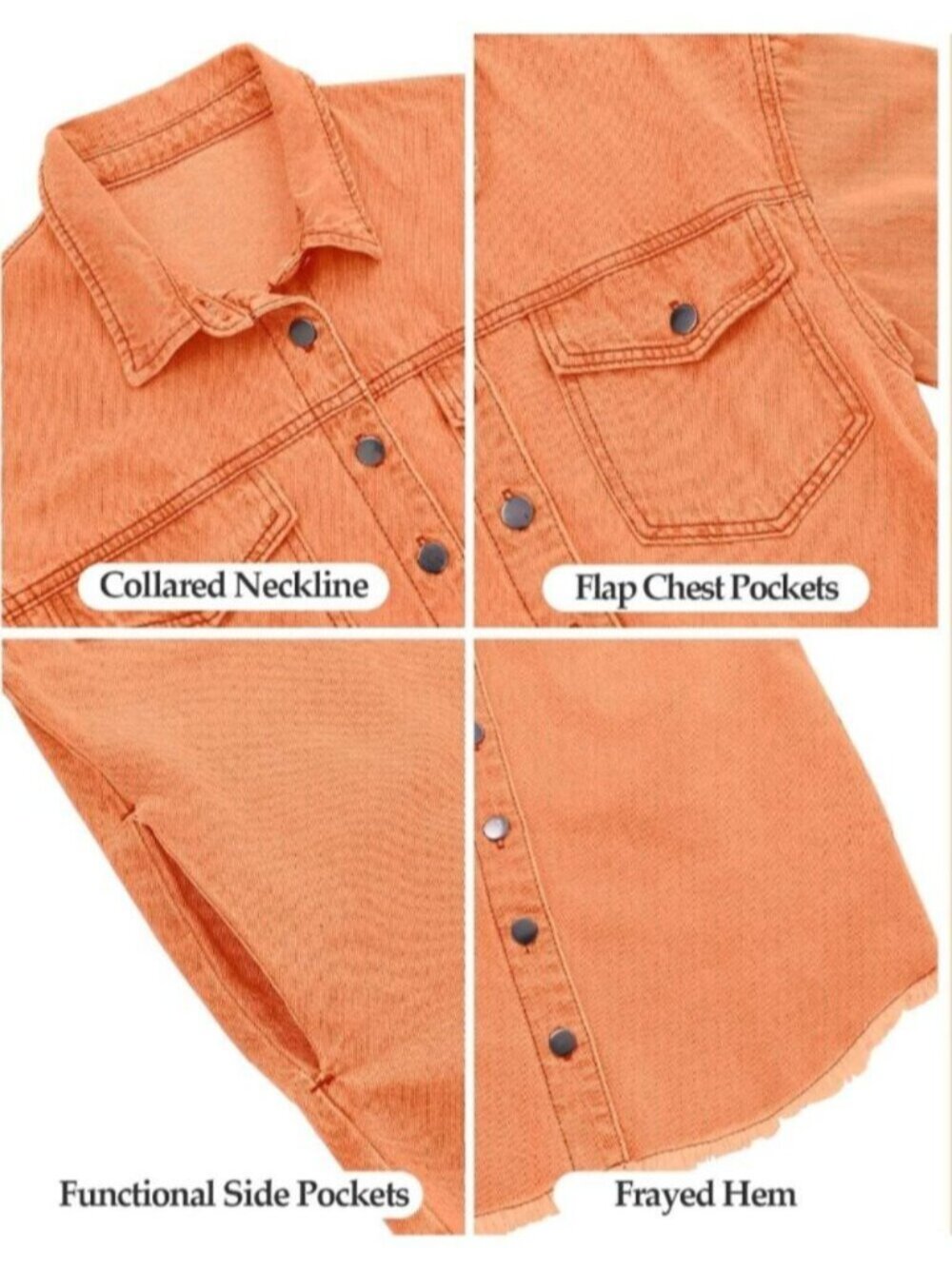 〽️Women Orange Drop Shoulder Button Up Oversized Frayed Raw Hem Denim Jean Jacke - Picture 6 of 6